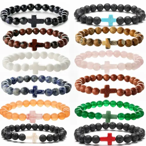 Wholesale Retro Cross Round Beaded Natural Stone Bracelets