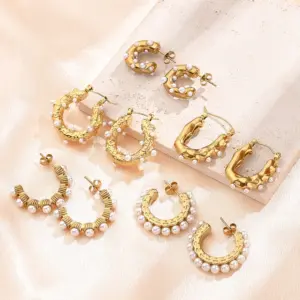 Wholesale 304 Stainless Steel Furnace Vacuum Plating Golden Acrylic Imitation Pearl C- Shaped Ring Concave-Convex U-Shaped Stripe Earrings Earrings
