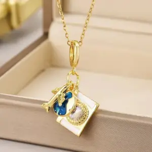 439-3 Airplane Planet Treasure Box Necklace-Gold
