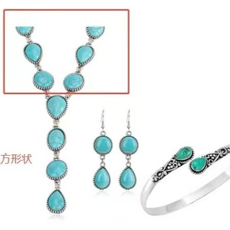Wholesale European and American Retro Bohemian Style Necklace Women's Long Turquoise Jewelry Three-Piece Set Personality Design Jewelry