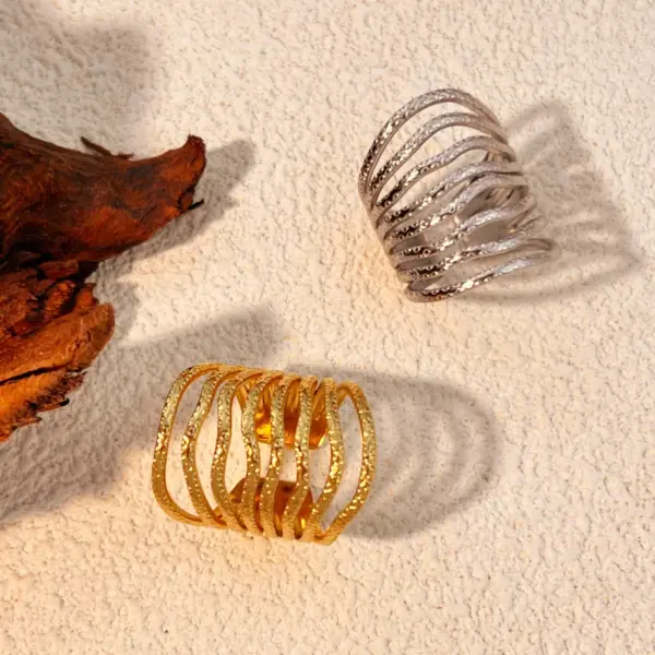 Wholesale PVD Coated Real Gold Plated 18K Gold Stripe 304 Stainless Steel Casual Retro Waterproof Non Tarnish Open Rings