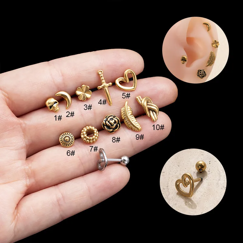Wholesale 1 Piece 316L Stainless Steel Ear Cartilage Rings & Studs Four Leaf Clover Moon Heart Shape Waterproof Non Tarnish Surgical Steel