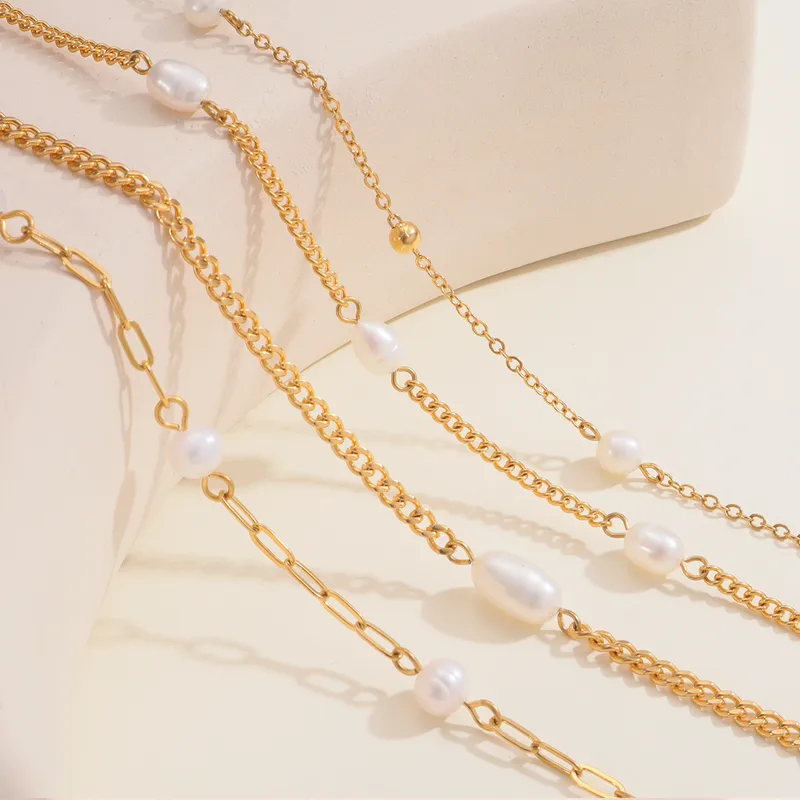 Wholesale 18K Gold Plated 316L Stainless Steel Freshwater Pearl Geometric Waterproof Non Tarnish Surgical Steel IG Style Simple Style Necklace For Wom
