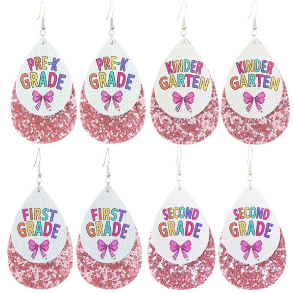 Wholesale Cross-border Amazon Ladies Teacher Earrings Double-layer Water Drop Leather Printed New Term Ritual Earrings