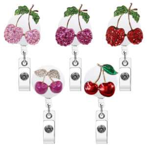 Wholesale New rhinestone cherry metal retractable and rotatable badge scroll for medical professionals and women, easy-pull buckle