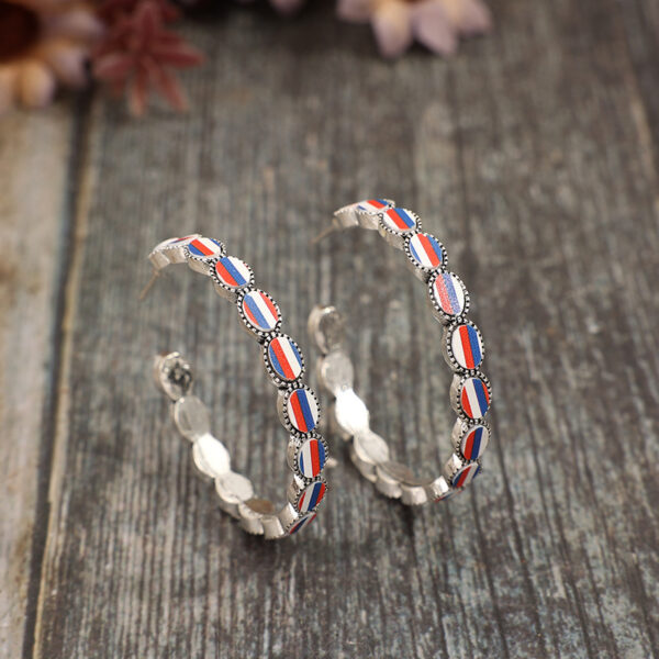 Wholesale C-shaped acrylic blue, white, and red striped alloy vintage earrings