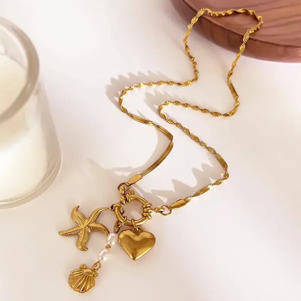 Wholesale PVD Coated Real Gold Plated 18K Gold Starfish Heart Shape Shell 316L Stainless Steel French Style Simple Style IG Style Waterproof Non Tarnish Surgical Steel Pendant Necklace