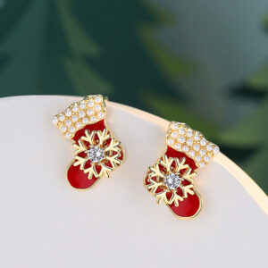 Silver needle: White Pearl/red dripping oil Christmas shoes + snowflake earrings