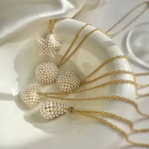 Wholesale Copper 18K Gold Plated Plating Inlay Pentagram Water Droplets Heart Shape Artificial Pearls Pendant Necklace