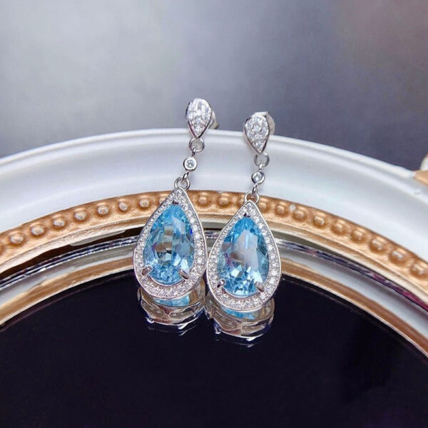 Wholesale Cao Shi's Online Celebrity Live Selling Temperament Color Treasure Water ops Aquamarine Zircon Long Earrings Mother's Day Gift