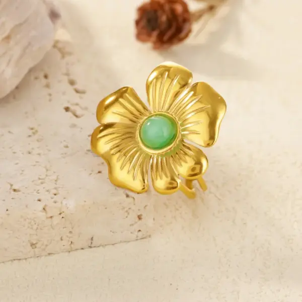 Wholesale Romantic Flower Moon Butterfly Shark Pattern Open Ring 18K Gold Plated Luxury Zircon Imitation Jade Women's Jewelry Banquet Party Wedding Jewelry Stainless Steel