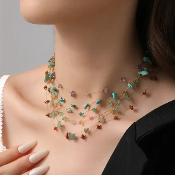 Wholesale Fashionable Gold Plated Titanium Steel Necklace For Women Colorful Stone Lockbone Chain Stylish Lightweight Versatile Jewelry