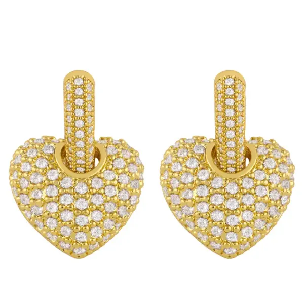 Wholesale Fashion Heart Inlaid Zircon Copper Artificial Gemstones 18k Gold Plated Earrings