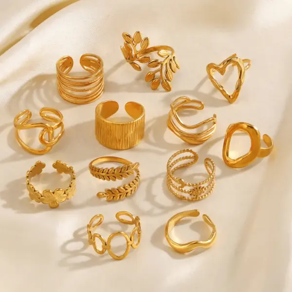 Ion Plating (IP) 18K Gold Plated Leaves Heart Shape Lines 304 Stainless Steel Cute Retro Simple Style Waterproof Non Tarnish Rings