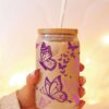 Wholesale UV transfer sticker for fluttering butterflies on glass cups, 16oz crystal glass cup.