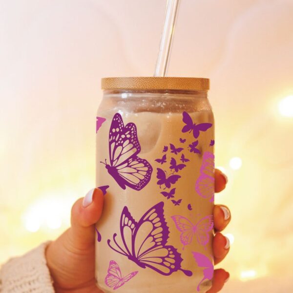 Wholesale UV transfer sticker for fluttering butterflies on glass cups, 16oz crystal glass cup.