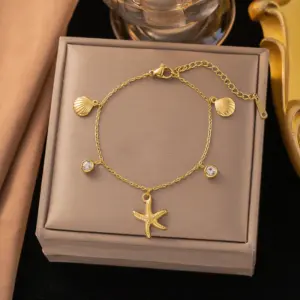 42【E2263】Starfish Shell Single Diamond Bracelet / Gold