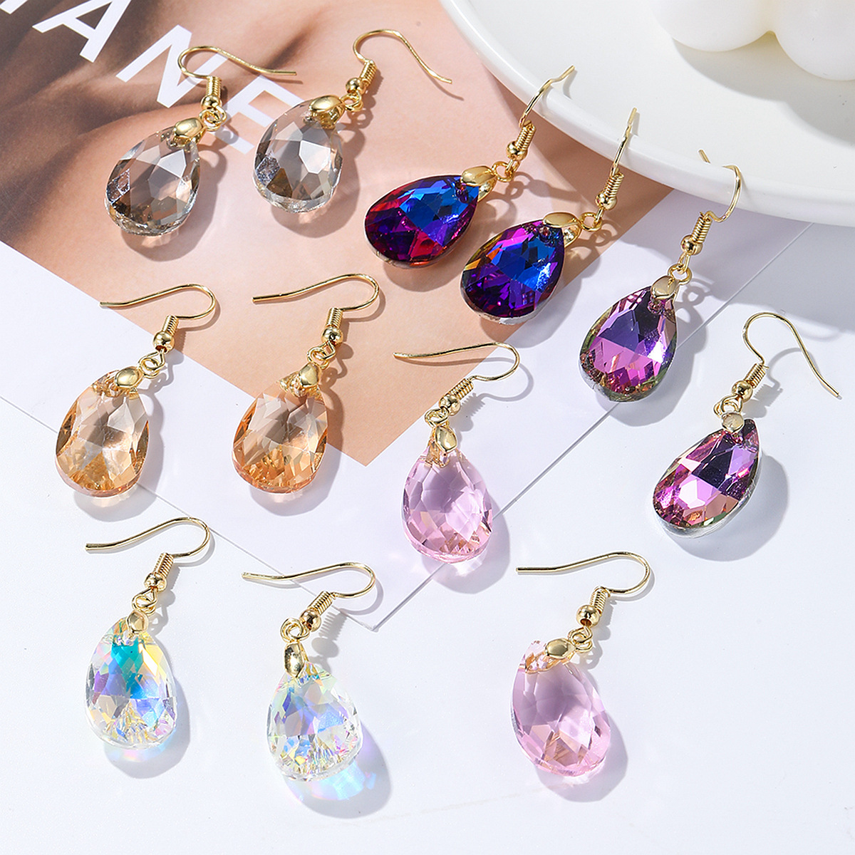 Wholesale Cross-border European and American Jewelry Hot Sale Long Crystal Earrings Light Luxury High-end Colorful Crystal Water op Earrings for Women