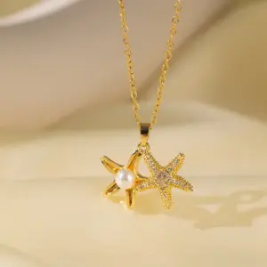 [8132] Pearl Starfish Necklace / Gold