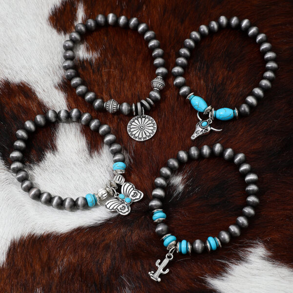 Wholesale Imitation pearl cactus butterfly bull's head flower elastic bracelet, vintage turquoise patchwork CCB bracelet set for women.