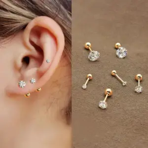 304 Stainless Steel Round PVD Coated Zircon 18K Gold Plated Simple Style Inlay Ear Studs