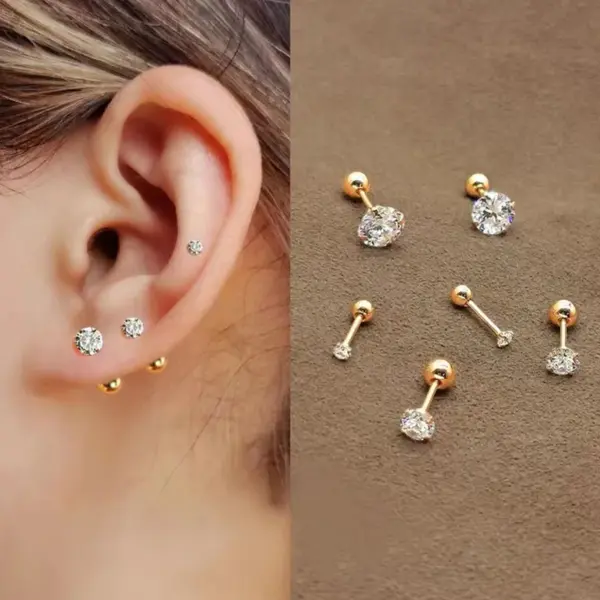 304 Stainless Steel Round PVD Coated Zircon 18K Gold Plated Simple Style Inlay Ear Studs