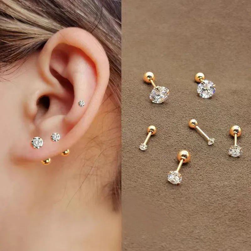 Wholesale 304 Stainless Steel Round PVD Coated Zircon 18K Gold Plated Simple Style Inlay Ear Studs