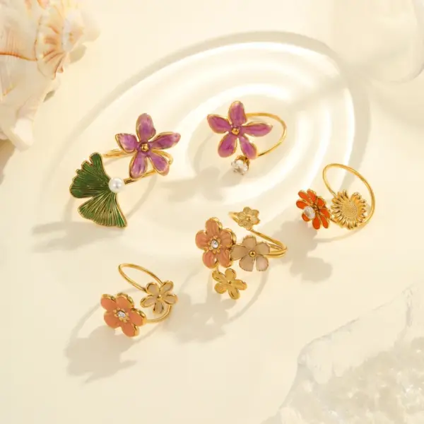 Wholesale Luxury Floral Stainless Steel Ring Colorful Drip Oil Inlaid Pearl Design Open Ring For Casual Holiday Daily Use Adjustable