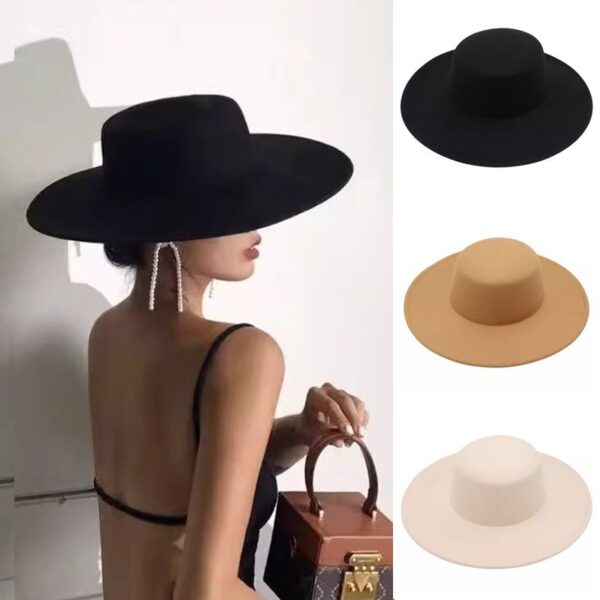 Wholesale Cross-border special for autumn and winter flat top woolen hat big brim all-match felt hat female jazz hat French Hepburn style