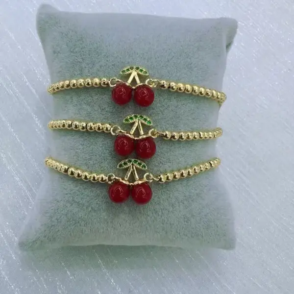 Wholesale Jewelry Cute Sweet Artistic Cherry Copper Zircon 18K Gold Plated Inlay Beaded Chain Bracelets