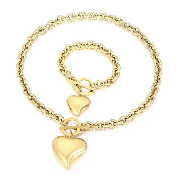 Wholesale 304 Stainless Steel Heart Shape PVD Coated 18K Real Gold Plated Simple Style Waterproof Non Tarnish Plating Bracelets Necklace