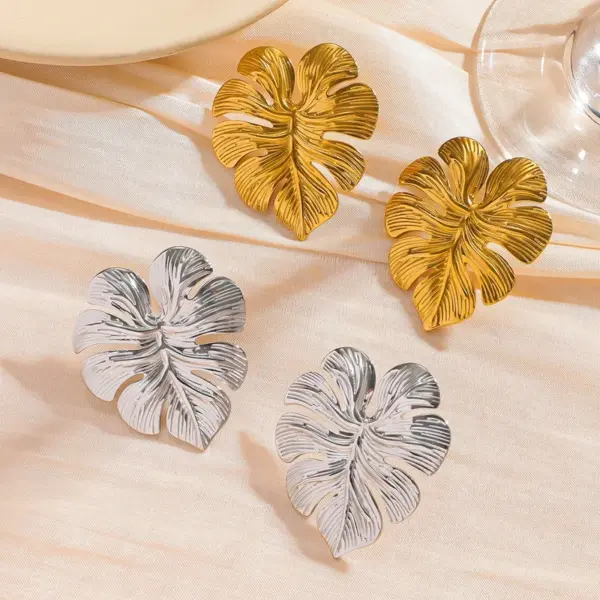 Wholesale Large Leaf Stainless Steel 316L Titanium Steel Earrings Versatile Commuting Feel Flower Pattern Vacuum Plated Zirconia Embedded