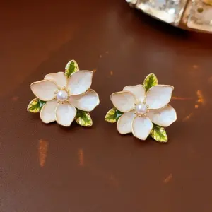 Silver Needle Drop Oil Pearl White Flower Leaf Earrings