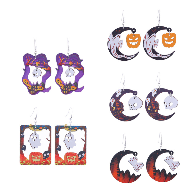 Wholesale New Wooden Earrings Ghost Pumpkin Castle Fun Holiday Earrings Europe and America Cross Border Amazon Earrings