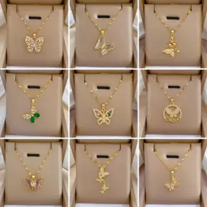 Wholesale 304 Stainless Steel Copper Butterfly Vacuum Plating Zircon Gold Plated Simple Style Cuban Link Chain Curb Chain Lobster Trigger Clasp Closure Pendant Necklace