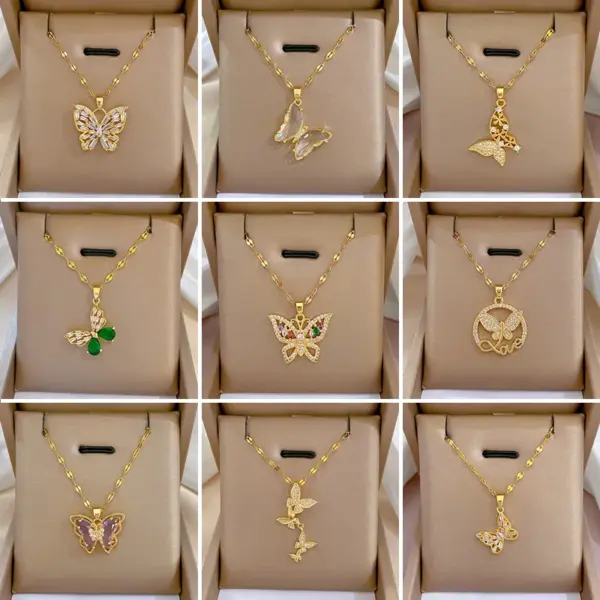 Wholesale 304 Stainless Steel Copper Butterfly Vacuum Plating Zircon Gold Plated Simple Style Cuban Link Chain Curb Chain Lobster Trigger Clasp Closure Pendant Necklace