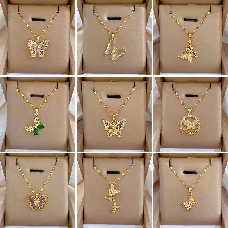Wholesale 304 Stainless Steel Copper Butterfly Vacuum Plating Zircon Gold Plated Simple Style Cuban Link Chain Curb Chain Lobster Trigger Clasp Closur