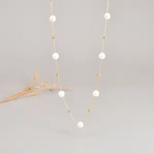 Wholesale 304 Stainless Steel Round PVD Coated Artificial Pearls 18K Real Gold Plated Elegant Waterproof Non Tarnish Plating Necklace