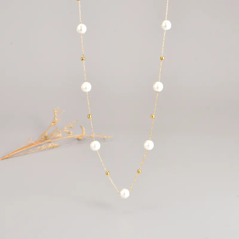 Wholesale 304 Stainless Steel Round PVD Coated Artificial Pearls 18K Real Gold Plated Elegant Waterproof Non Tarnish Plating Necklace