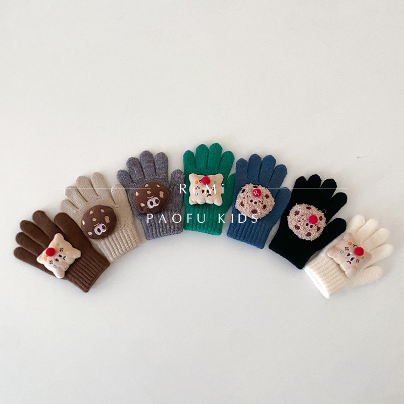 Wholesale South Korea Chilen's Gloves Winter New Ins Cartoon Finger Warm Knitted Five-Finger Gloves Trendy Gloves for Boys and Girls