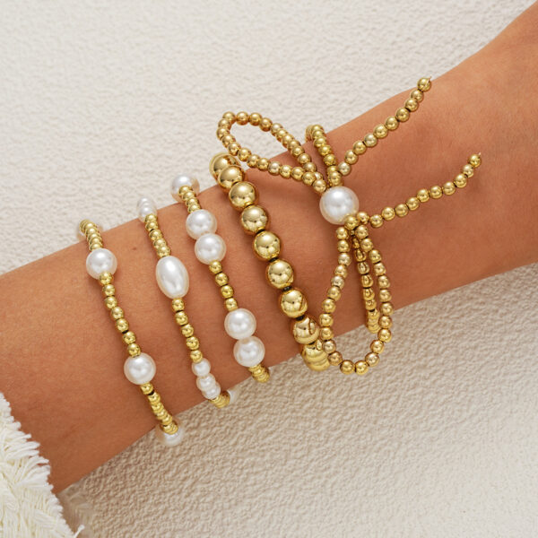 Wholesale European and American Cross-border New Bow Imitation Pearl Beaded Bracelet 5-piece Set Fashion Elegant Simple Elastic Bracelet for Women