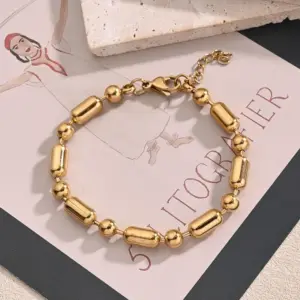 Glossy 6mm Cylinder Beads & Ball Bracelet (Gold) / 12x6mm & 6mm (String Length: 180+30mm) / 1 Strand/Package