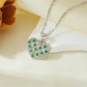 Steel Color Love Heart Green Diamond Hollow Necklace T021