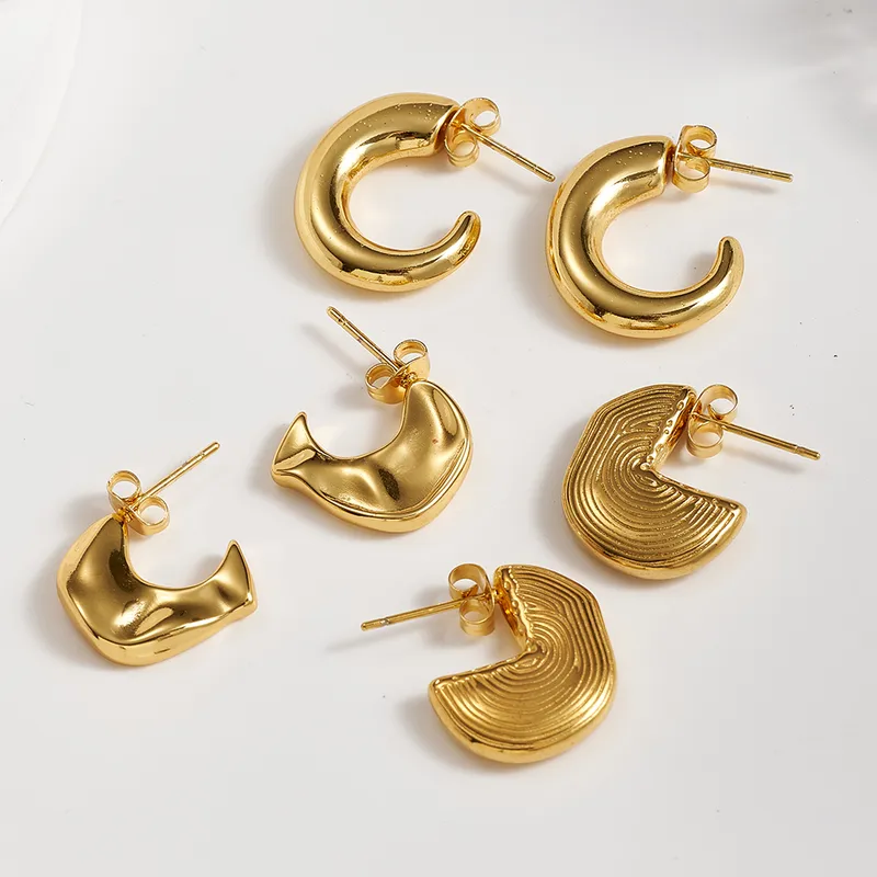 Wholesale Vintage INS Style European And American 304 Stainless Steel Striped Concave-Convex C-shaped Earrings Basic Simple Style Imitation Gold Plate