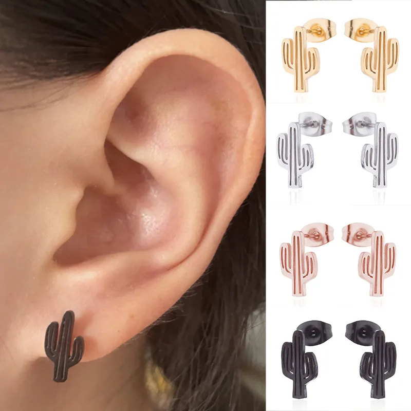 Wholesale PVD Coated 18K Gold Real Gold Plated Cactus 304 Stainless Steel Fashion Waterproof Non Tarnish Ear Studs