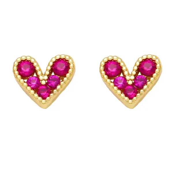 Fashion Heart Copper Artificial Gemstones 18k Gold Plated Earrings Ear Studs