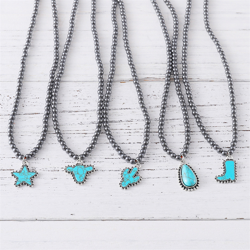 Wholesale Bull head five-inted star round bead necklace