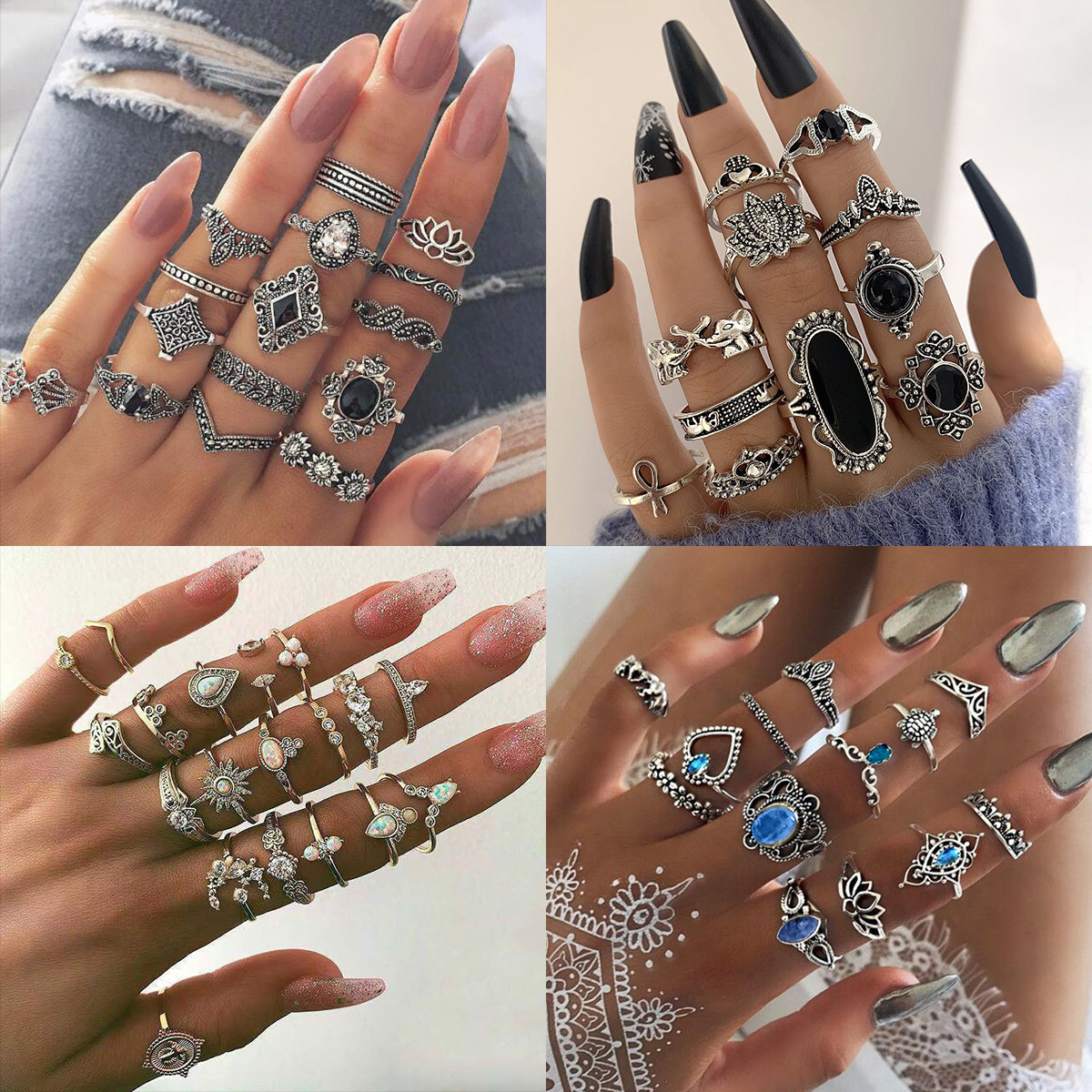 Wholesale European and American New Ring Set, Retro Sun Eye Arrow Moon Ring Set, Sapphire Ring Set, Nineteen Piece Set