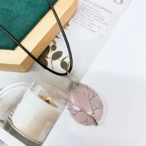 Pink Crystal Silver / Lucky Tree Water Drops (Including Leather Rope) 13.5G