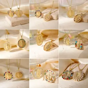 Wholesale PVD Coated K Gold Plated Virgin Mary Oval Heart Shape 304 Stainless Steel Copper Vintage Style Waterproof Non Tarnish Pendant Necklace